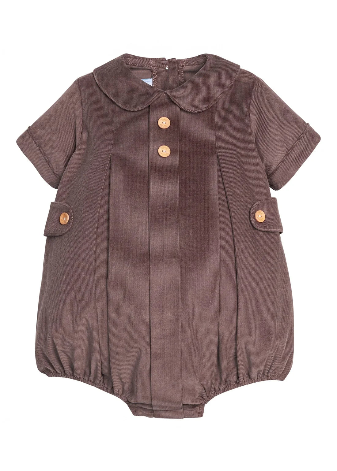 A short-sleeve baby romper in a textured brown corduroy fabric, featuring a Peter Pan collar, three decorative buttons down the front, and flap pockets on the sides with matching buttons.
