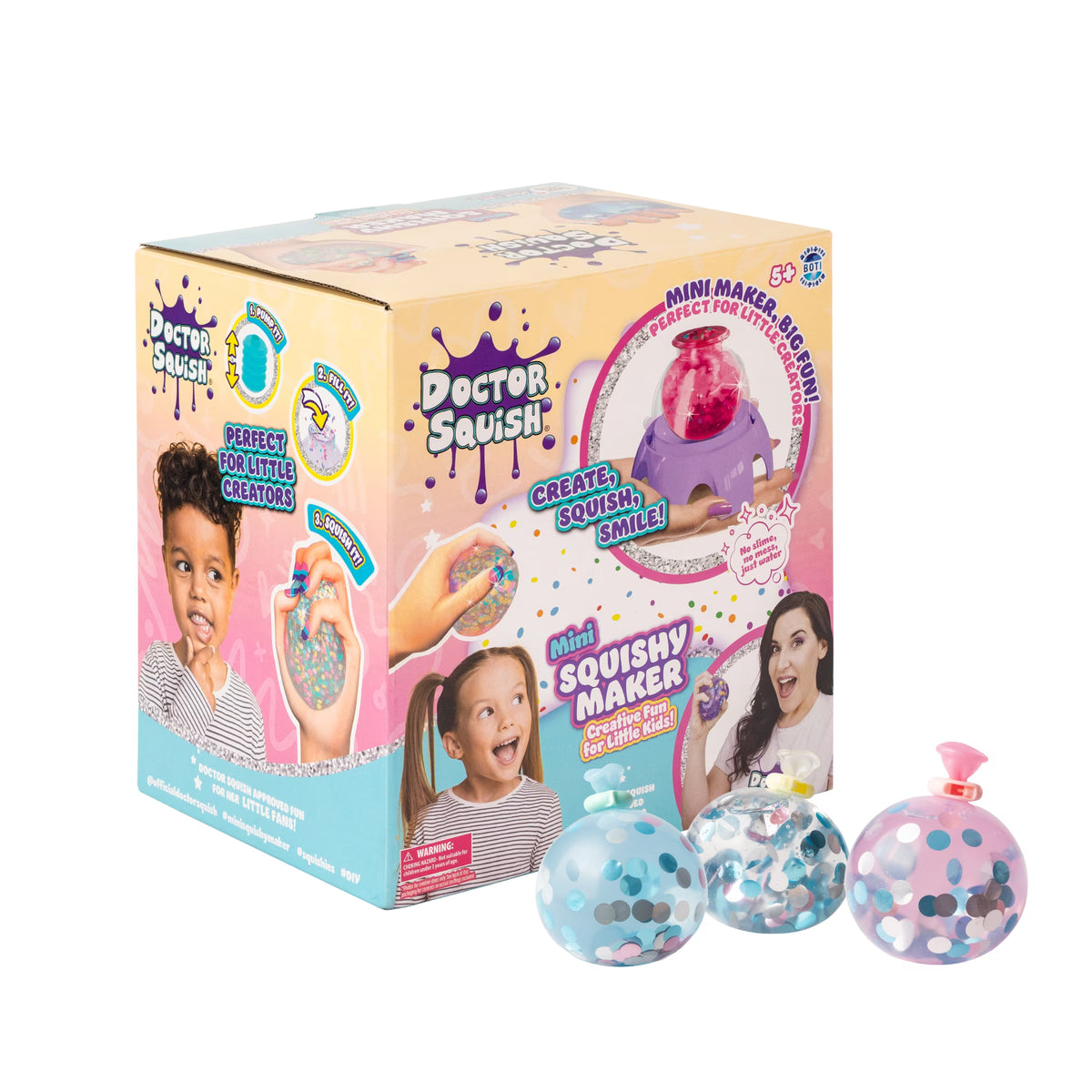 Doctor Squish Mini Squeaky Maker toy set with its retail box and three colorful squishy balls filled with confetti, shown on a white background.