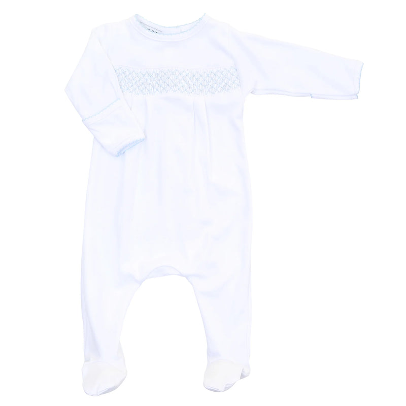 MAGNOLIA BABY SMOCKED FOOTIE WHITE WITH LIGHT BLUE