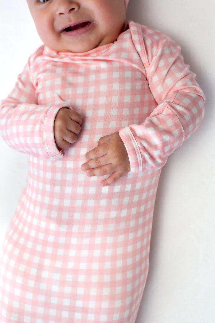 Knotted Infant Gown Gingham in Cottage Pink