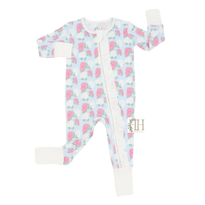 Pink Hydrangea Ruffle Double Zipper Romper