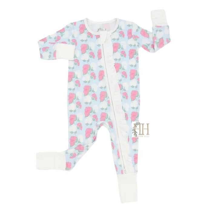 Pink Hydrangea Ruffle Double Zipper Romper