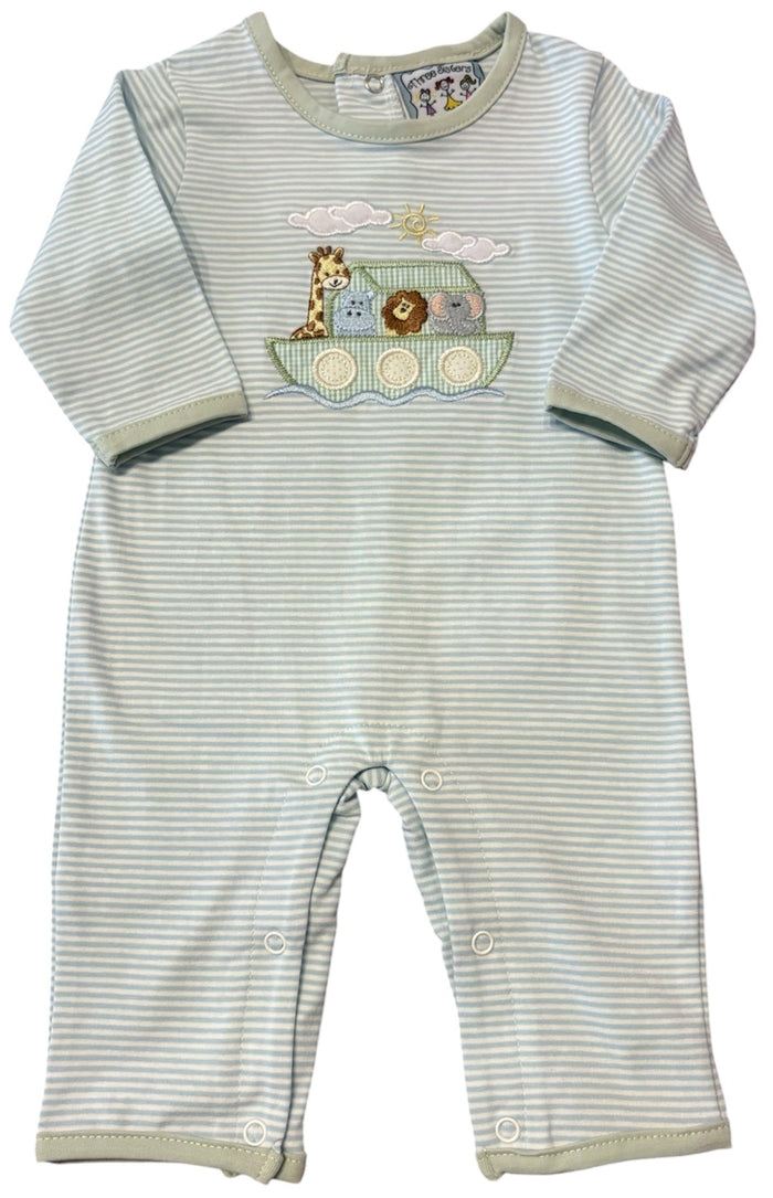 A baby long-sleeve footless romper with thin light green and white stripes, featuring a colorful embroidered Noah's Ark design on the chest with cartoon animals and clouds.