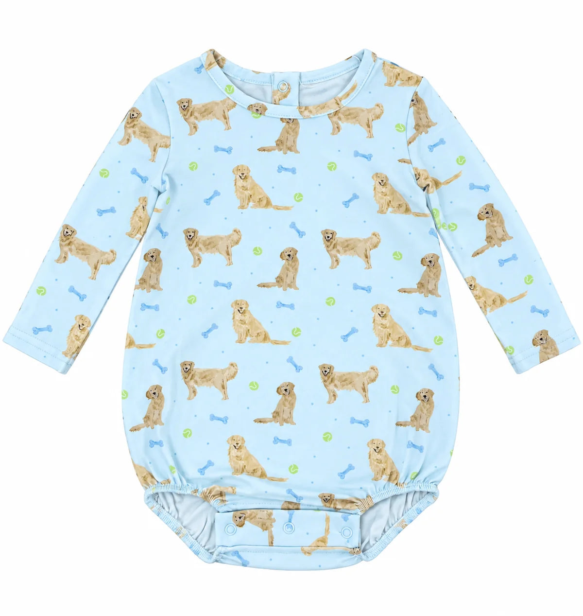 A light blue long-sleeve baby bodysuit featuring an all-over print of golden retriever dogs, blue bones, and green balls, laid flat against a white background.