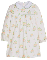 A long-sleeve baby dress with a Peter Pan collar, featuring a cream-colored fabric with a repeating print of pinkish-orange flowers and green leaves, accented by a thin green horizontal stripe across the chest.