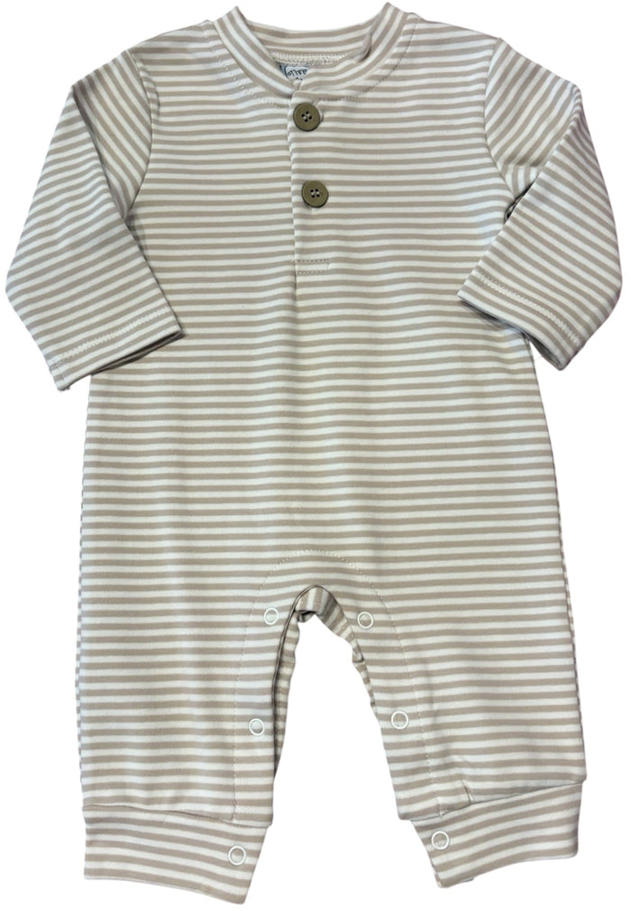 A baby long-sleeve footless one-piece romper with thin horizontal stripes in beige and white, featuring three brown buttons on the chest and snap closures at the crotch and ankles, shown on a plain white background.
