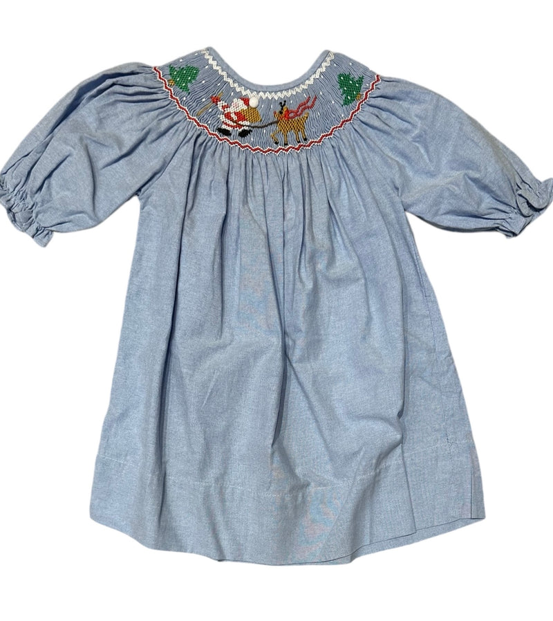 SWEET DREAMS SANTA'S COMING BLUE CHAMBRAY SMOCKED DRESS