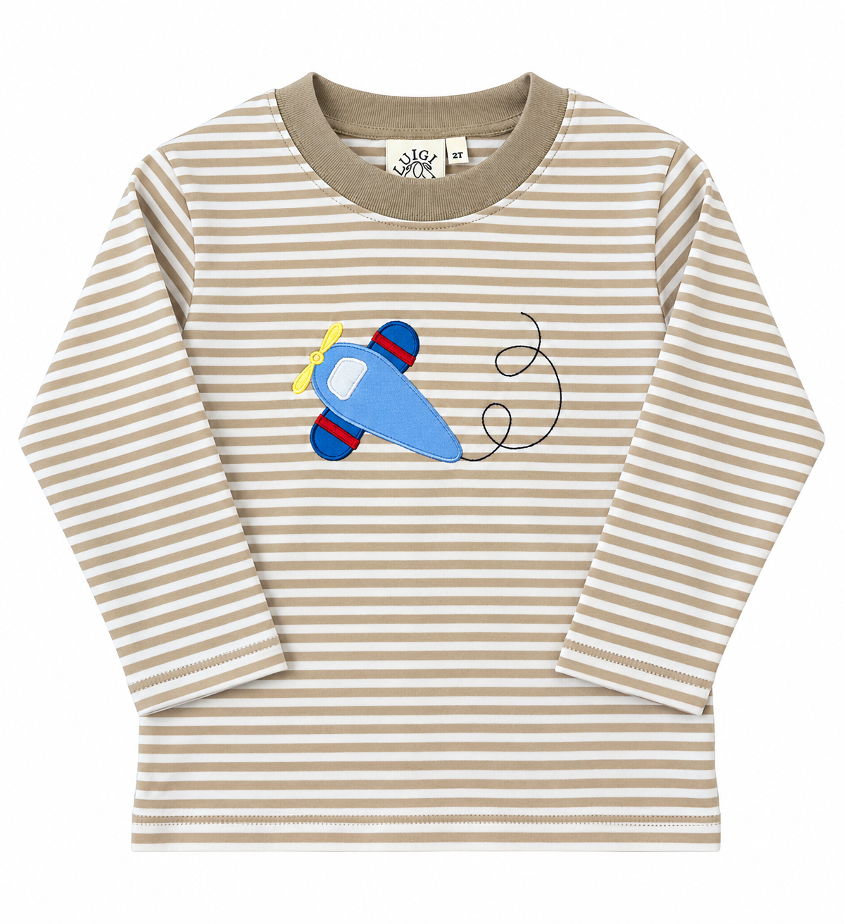 A long-sleeve baby t-shirt with beige and white horizontal stripes, featuring a blue and red cartoon airplane graphic on the chest, set against a plain white background.