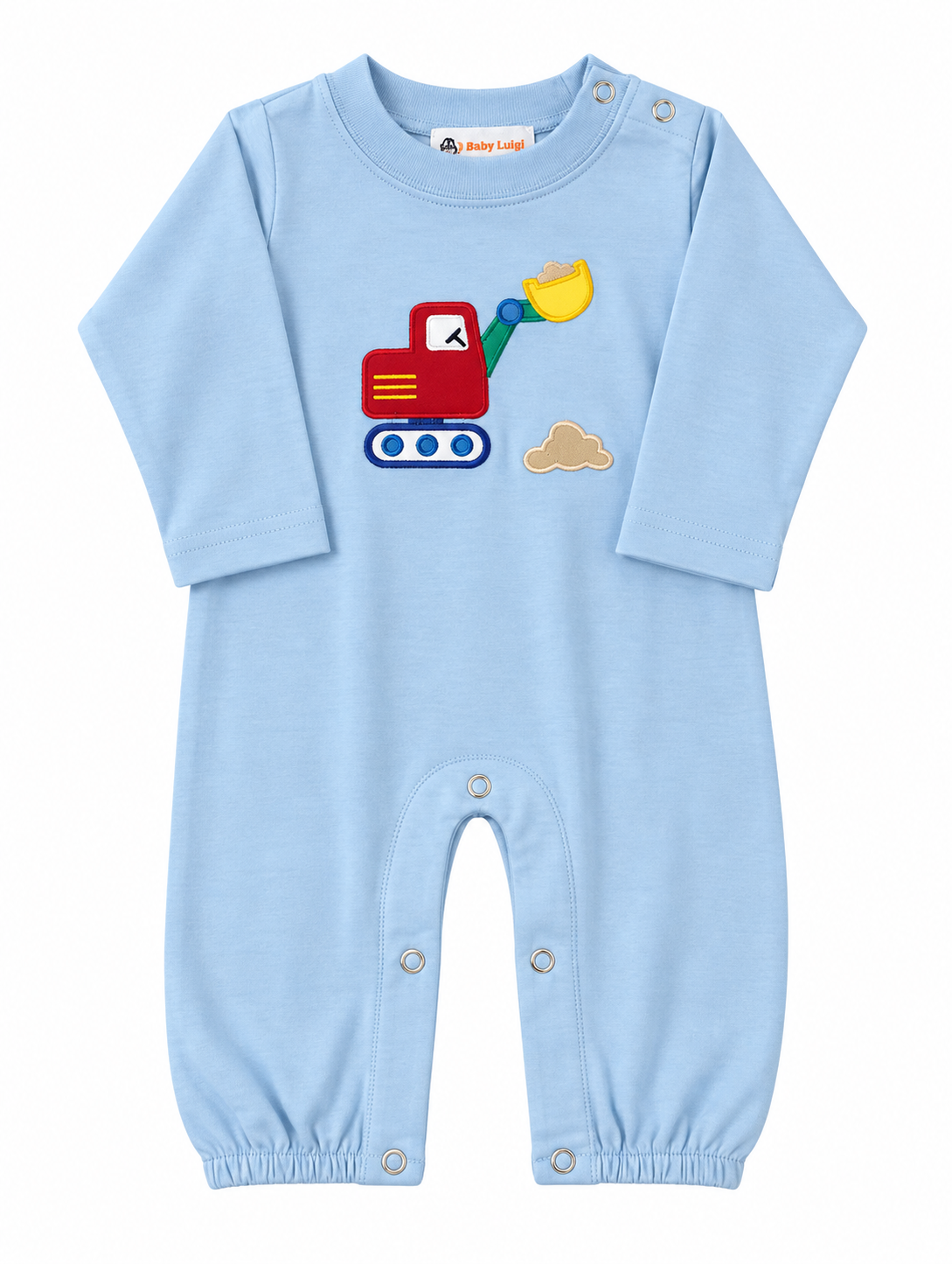 A light blue baby jumpsuit with a red, yellow, and blue excavator graphic on the chest, displayed on a clean white background.