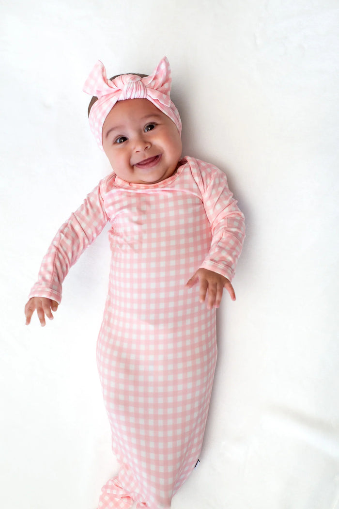 Knotted Infant Gown Gingham in Cottage Pink