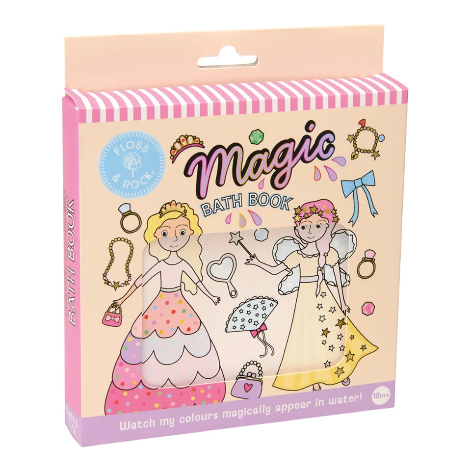 Flossy Rock Magic Bath Book in its original packaging, featuring a pink and white striped top, a beige cover with colorful illustrations of fairy and princess characters, and a clear window showing the inside.
