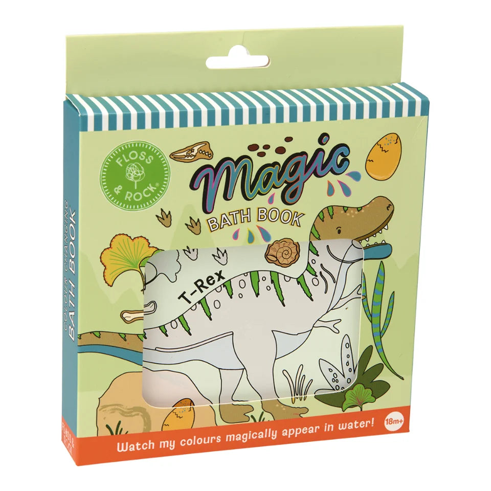 Floss & Rock Magic Bath Book in its original packaging, featuring a dinosaur-themed cover with a white T-Rex outline and colorful illustrations.