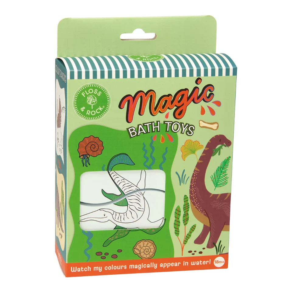 Magic Bath Toys dinosaur coloring kit in its original green and white striped cardboard packaging, featuring illustrations of a green dinosaur and a brown prehistoric creature.