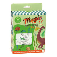 Magic Bath Toys dinosaur coloring kit in its original green and white striped cardboard packaging, featuring illustrations of a green dinosaur and a brown prehistoric creature.