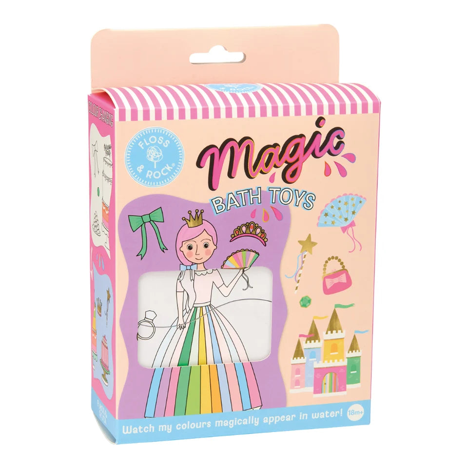 Magic Bath Toys by Noa Noa wooden coloring box, featuring a pink and white striped top, a pastel pink body, and a colorful illustration of a princess and magical accessories.