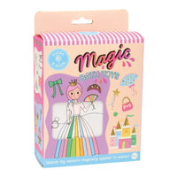 Magic Bath Toys by Noa Noa wooden coloring box, featuring a pink and white striped top, a pastel pink body, and a colorful illustration of a princess and magical accessories.