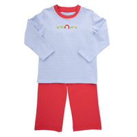 Children's pajama set with striped long-sleeve top and red pants on a white background