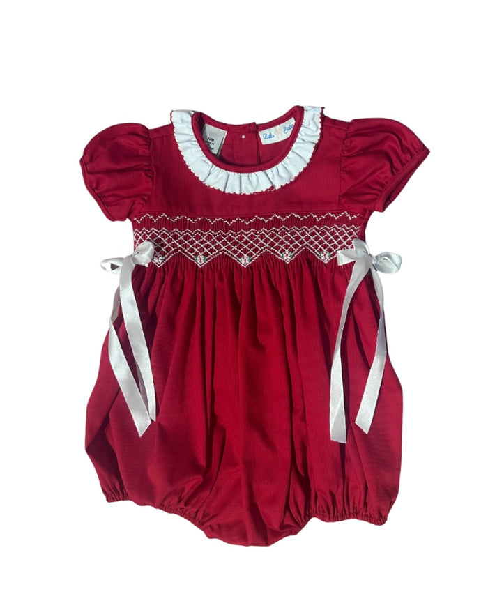 Red Smock Waist Bubble With White Ruffle