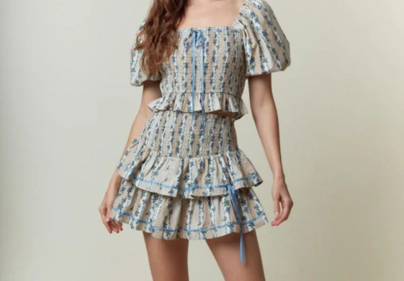 Tiered Skirt Set with Satin Tape Bow Detail