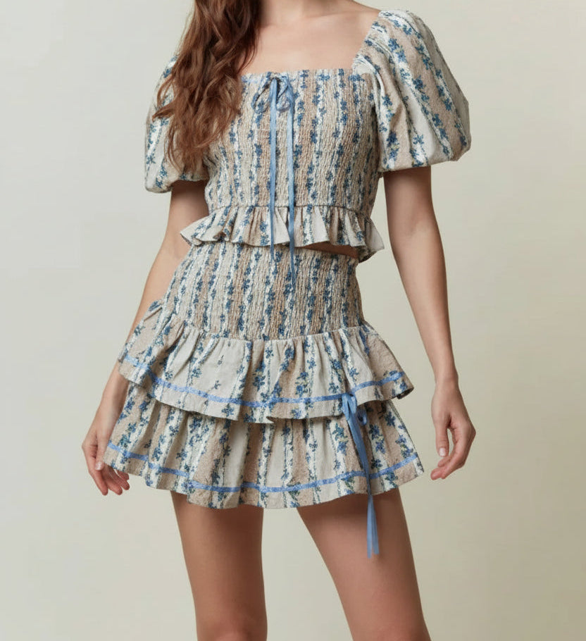Tiered Skirt Set with Satin Tape Bow Detail