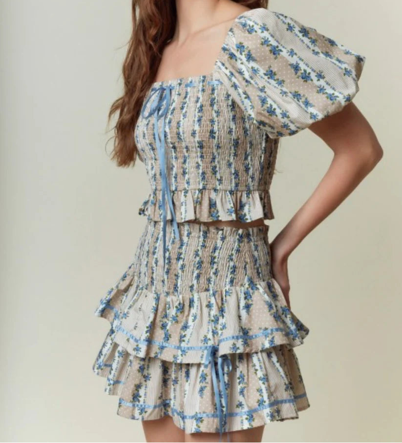 Tiered Skirt Set with Satin Tape Bow Detail