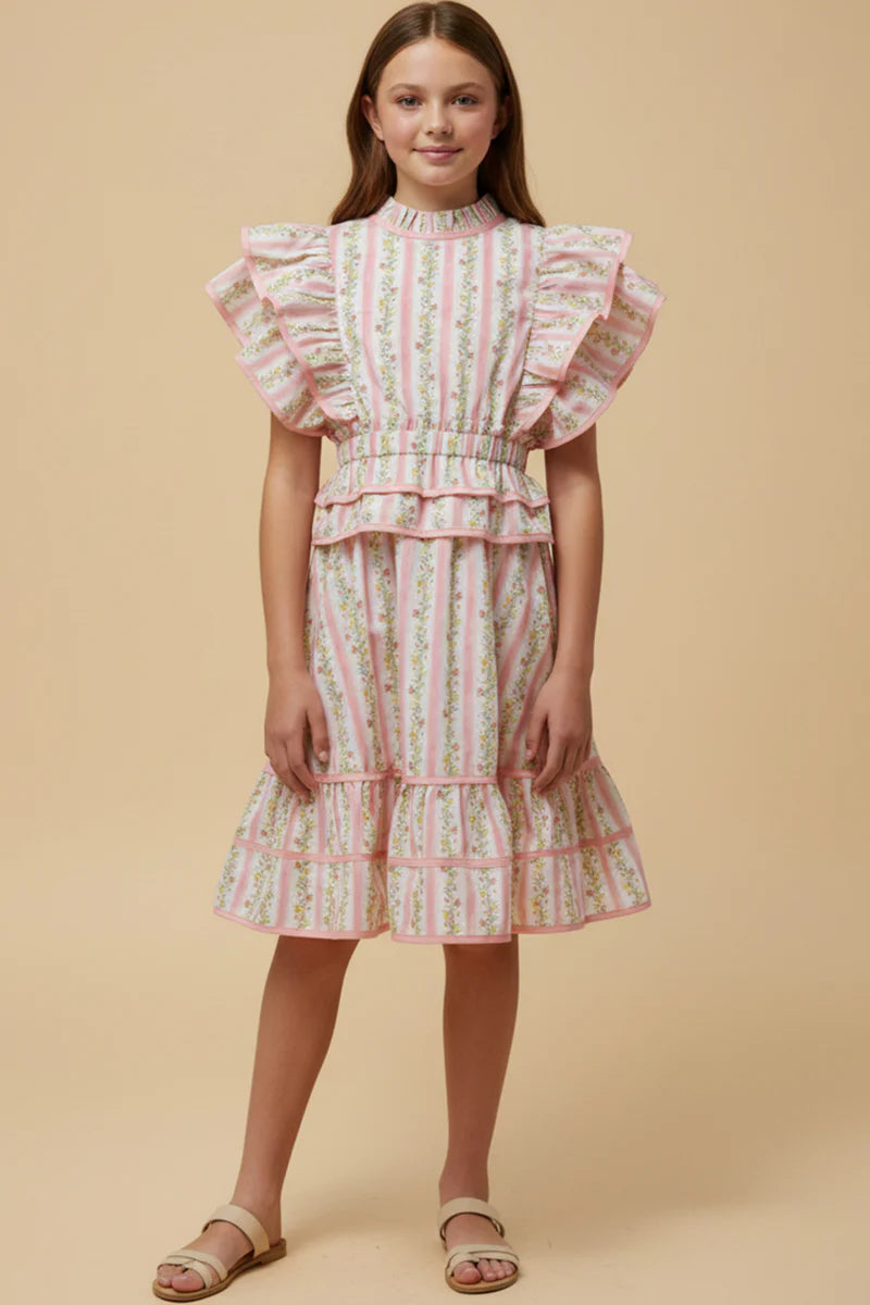 Girls Floral Striped Ruffle Detail Dress
