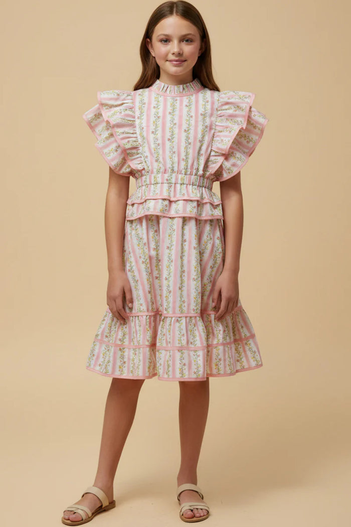Girls Floral Striped Ruffle Detail Dress