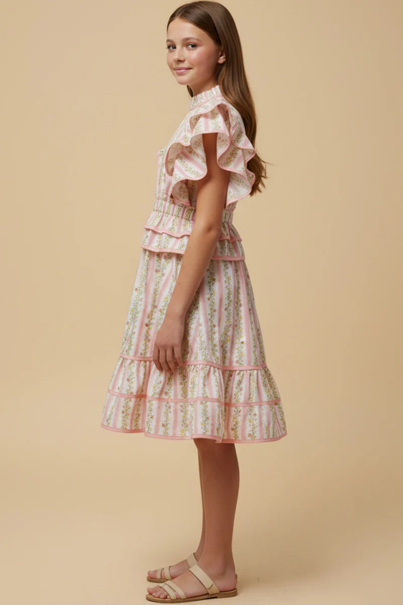 Girls Floral Striped Ruffle Detail Dress