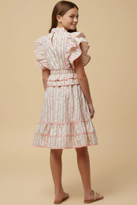 Girls Floral Striped Ruffle Detail Dress