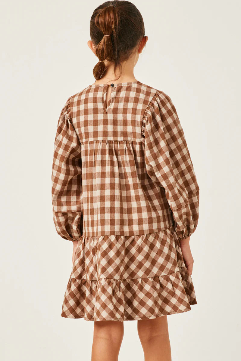 HAYDEN GIRLS PUFF SLEEVE TIE NECK GINGHAM DRESS