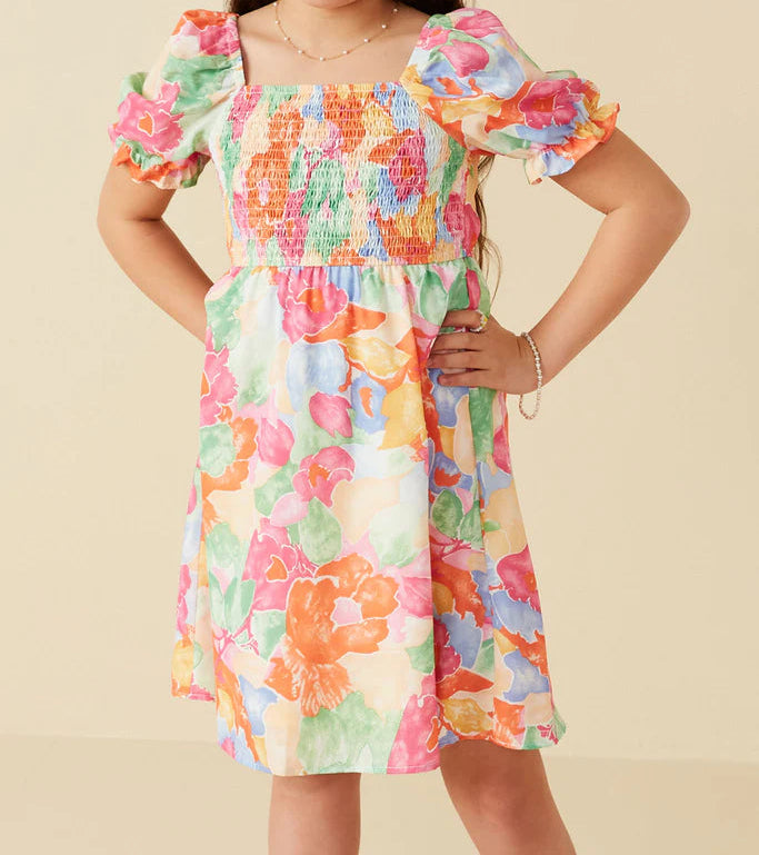 HAYDEN GIRLS BOLD FLORAL SMOCKED SQUARE NECK