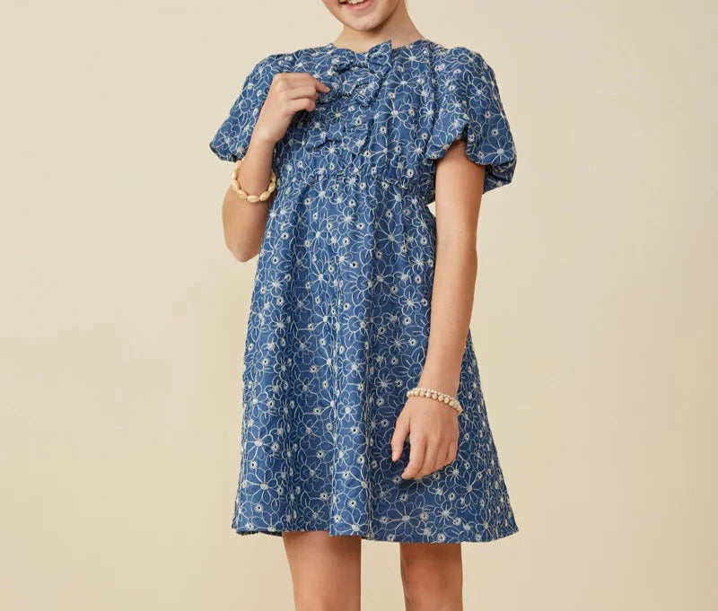 HAYDEN GIRLS TRIPLE BOW DETAIL EYELET FLORAL DRESS