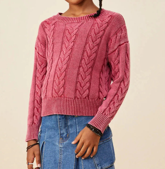 HAYDEN GIRLS CABLE KNIT WASHED PULLOVER SWEATER