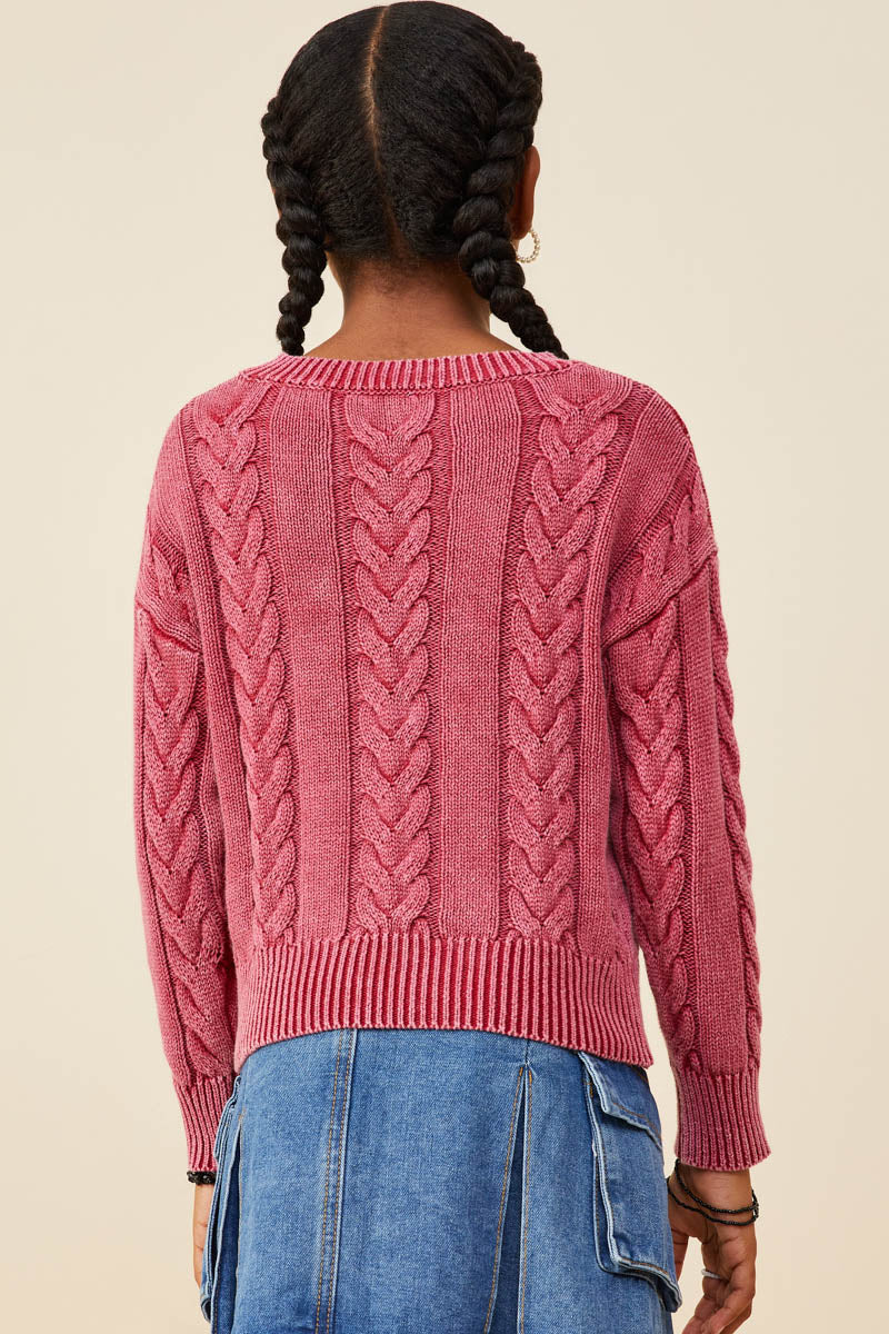 HAYDEN GIRLS CABLE KNIT WASHED PULLOVER SWEATER