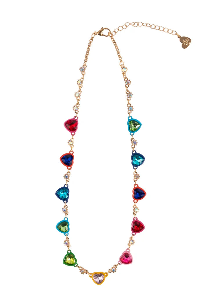 A gold-tone chain necklace featuring multiple heart-shaped rhinestone pendants in vibrant colors including red, blue, green, pink, and purple, accented with small clear crystal flowers, shown on a plain white background.