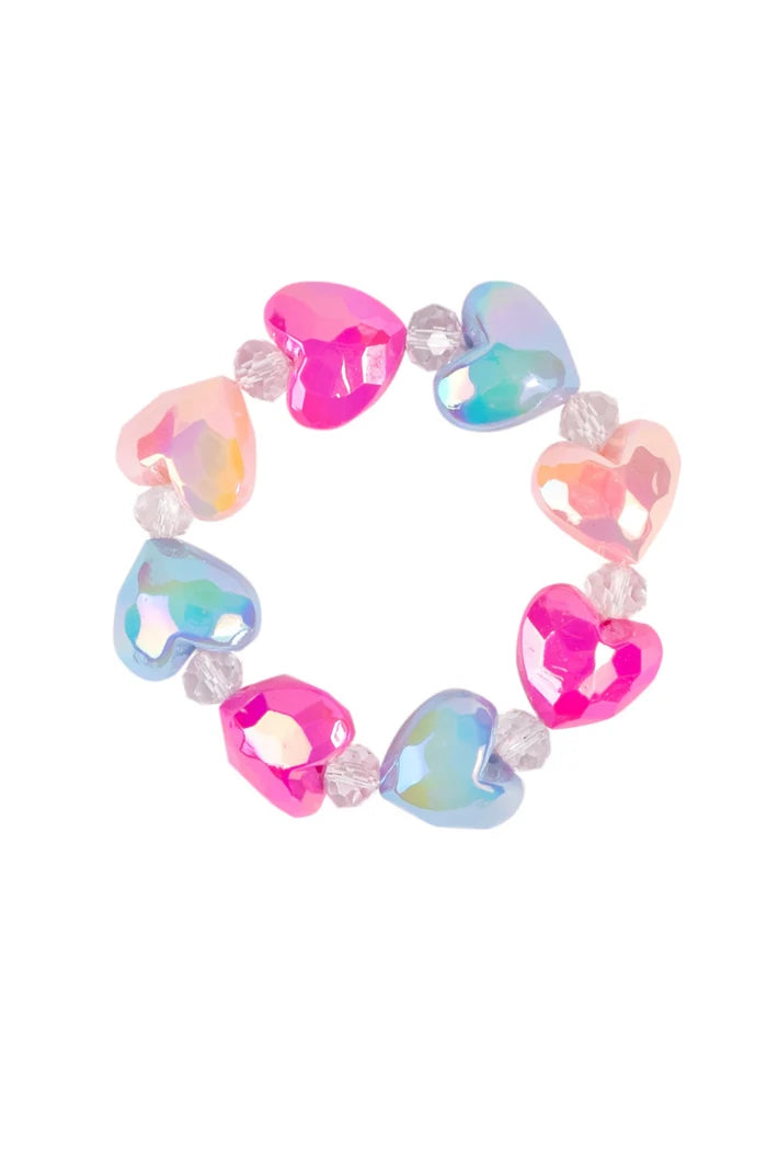 Colorful heart-shaped beaded bracelet on a white background