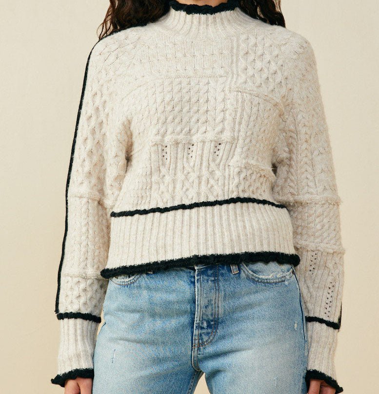 HAYDEN GIRLS CONTRAST PIPED MIXED CABLE KNIT SWEATER