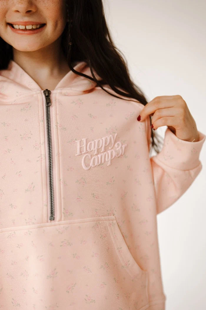 Happy Camp3r Pink Peony Youth Half Zip Scuba Hoodie