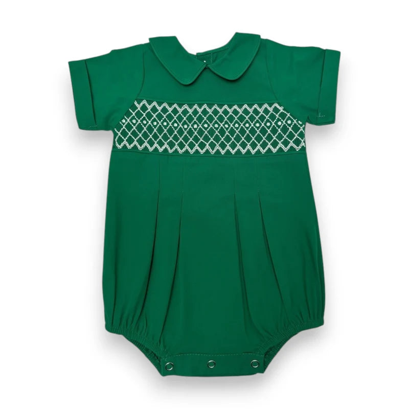A green baby romper with a white smocked diamond pattern across the chest, featuring a Peter Pan collar and short sleeves, shown on a plain white background.