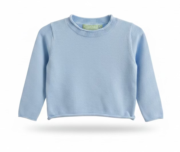 A light blue ribbed knit long-sleeve crop top sweater held up on a clothing display stand inside a retail store.