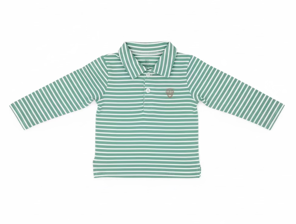 A baby long-sleeve polo shirt with green and white horizontal stripes, displayed on a wooden hanger on an easel in a clothing store. A red sweatshirt is layered behind it.