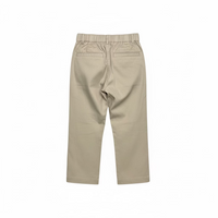 A pair of beige elastic-waist cropped pants hanging on a clear plastic hanger, set against a store background with shoe boxes on shelves.