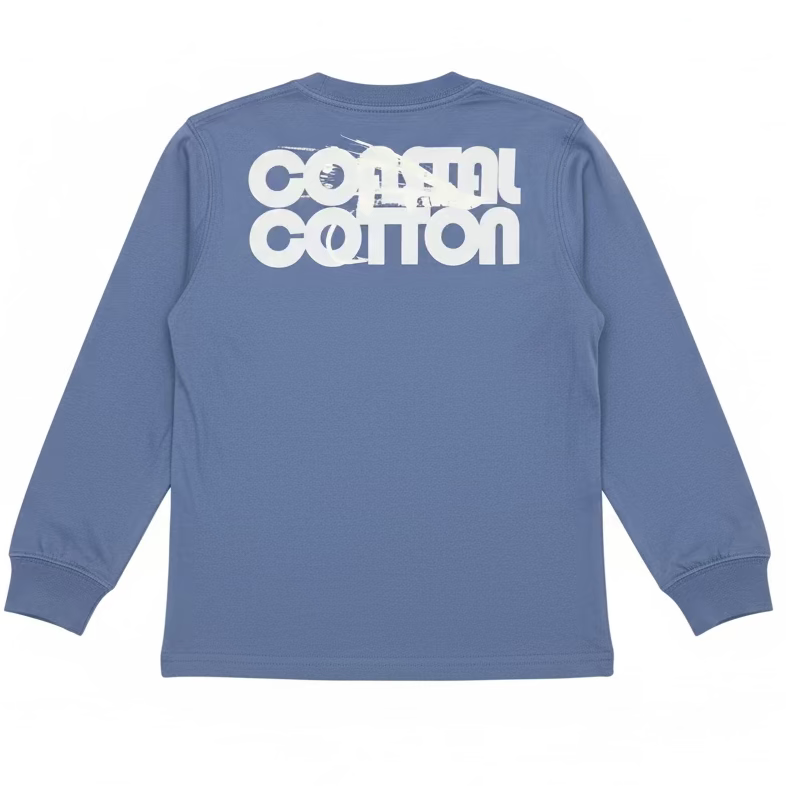 A light blue long-sleeve t-shirt with a large white 'COASTAL COTTON' graphic printed across the back, hanging on a hanger in a retail or warehouse setting.
