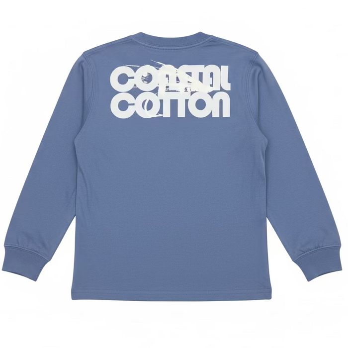 A light blue long-sleeve t-shirt with a large white 'COASTAL COTTON' graphic printed across the back, hanging on a hanger in a retail or warehouse setting.