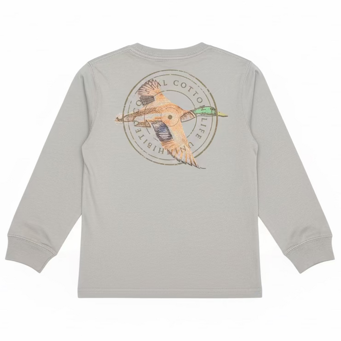 A light gray long-sleeve t-shirt with a large circular duck hunting graphic on the back, hanging on a hanger in a retail store setting with shoe boxes visible in the background.