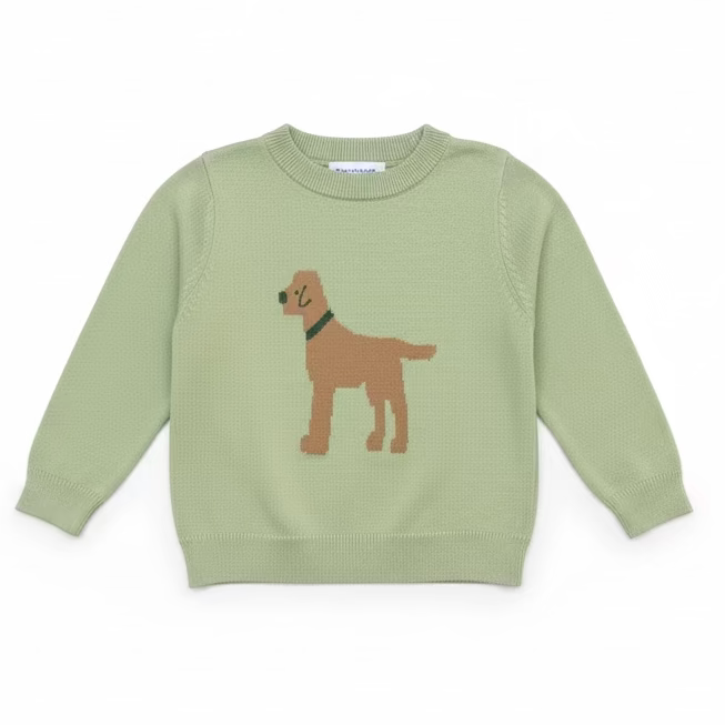 A light green knit sweater for toddlers or kids, featuring a brown dog graphic with a green collar on the chest, hanging on a clear plastic hanger on a store shelf.