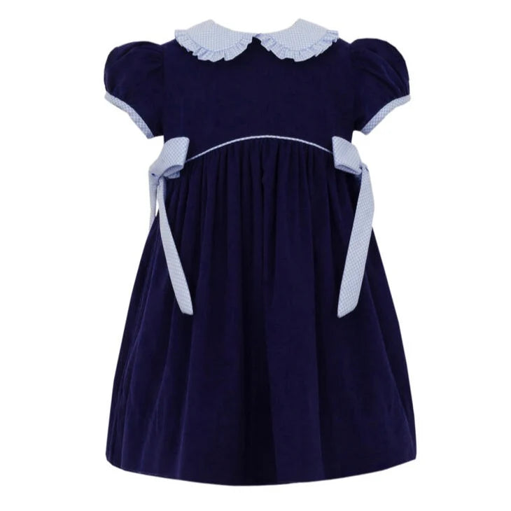 PETIT BEBE NAVY CORDUROY DRESS WITH LIGHT BLUE GINGHAM SIDE BOWS