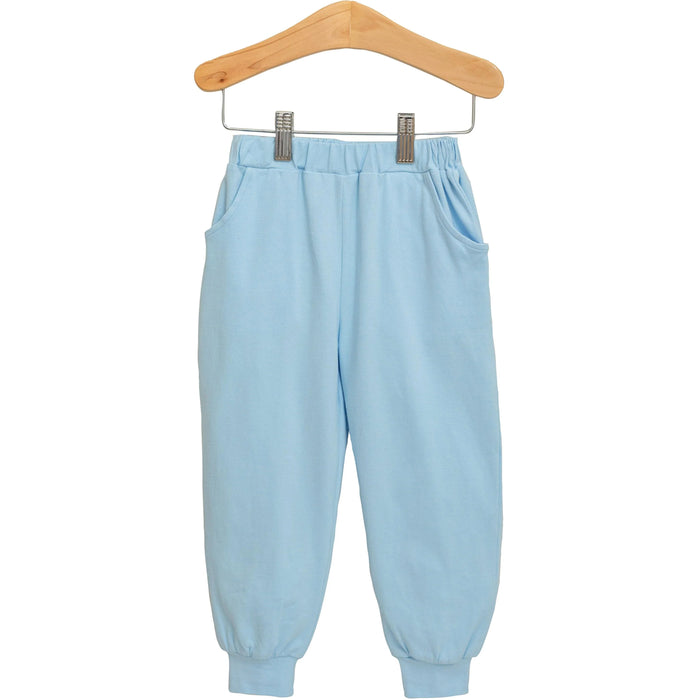 Light blue jogger pants with an elastic waistband and side pockets, hanging from a wooden hanger against a plain white background.
