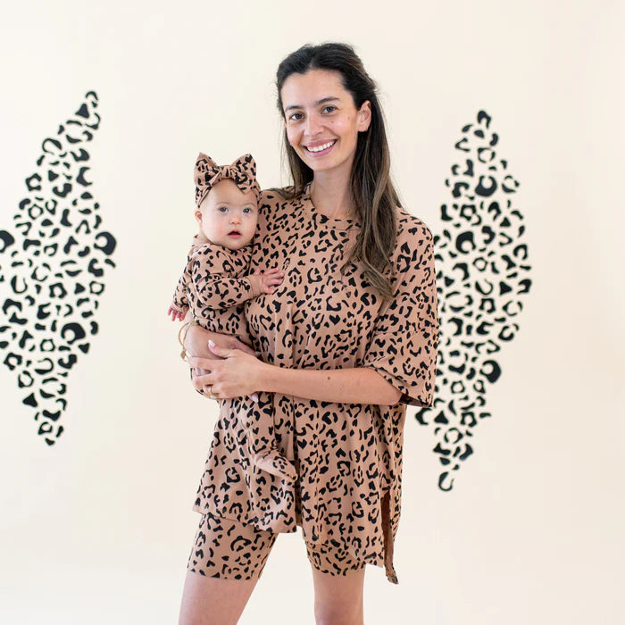 KYTE BABY ZIPPERED FOOTIE IN LATTE LEOPARD