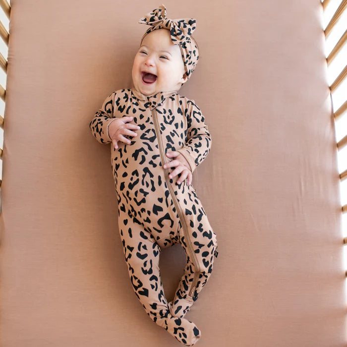 KYTE BABY ZIPPERED FOOTIE IN LATTE LEOPARD